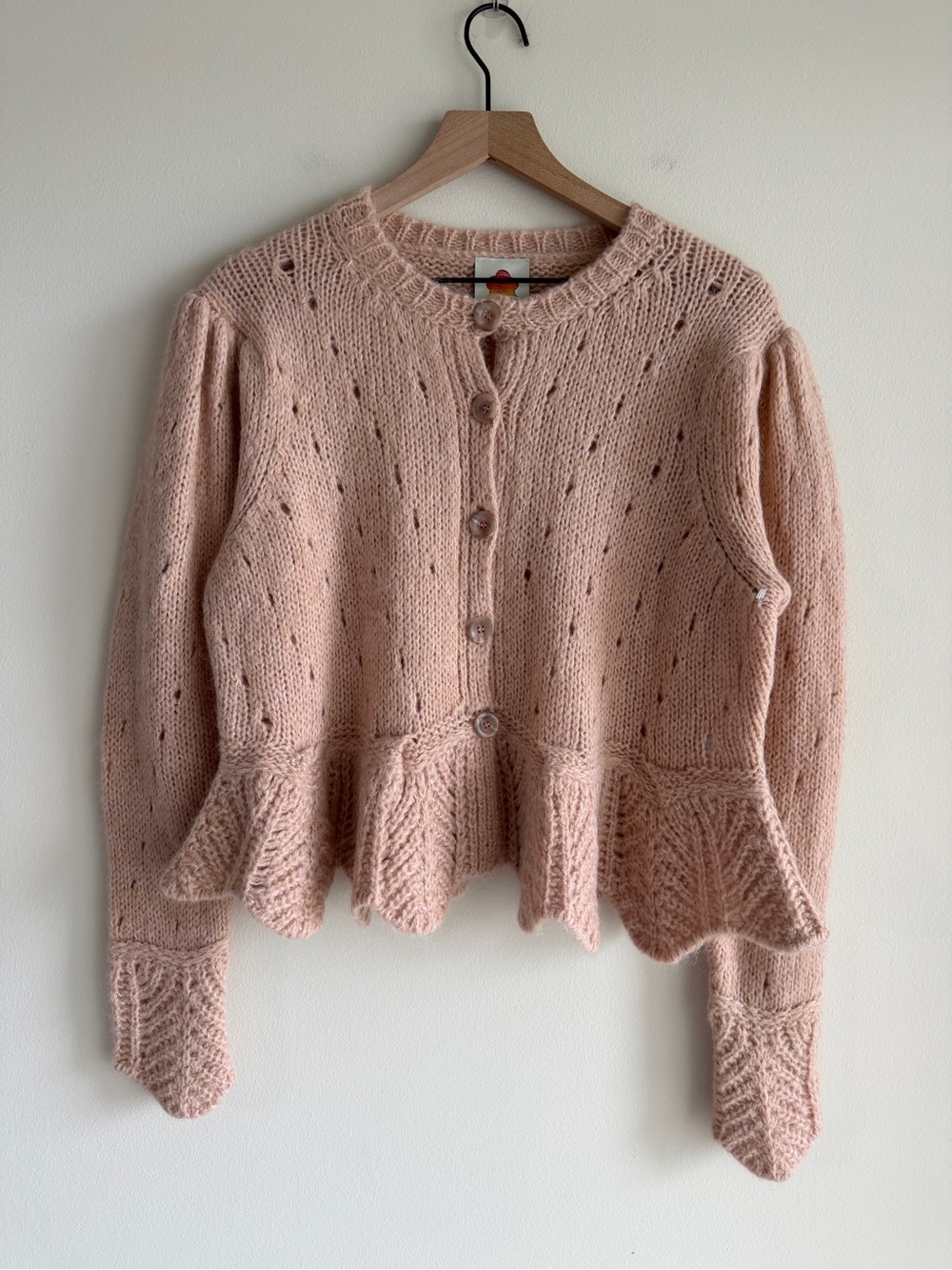 FARM Rio Sand Ruffle Knit Cardigan Mohair Wool Size XL Made in Italy - Picture 2 of 11